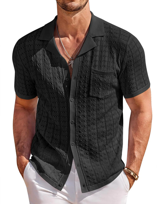 Men’s Vintage Knit Polo Shirt – Short Sleeve Button Down Black – COOFANDY by ORIGXN